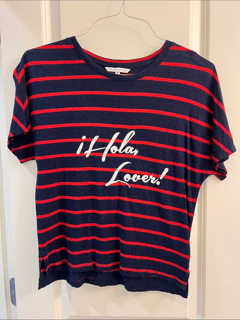 Rebecca Minkoff Navy and Red Striped "¡Hola Lover!" Short Sleeve Tee